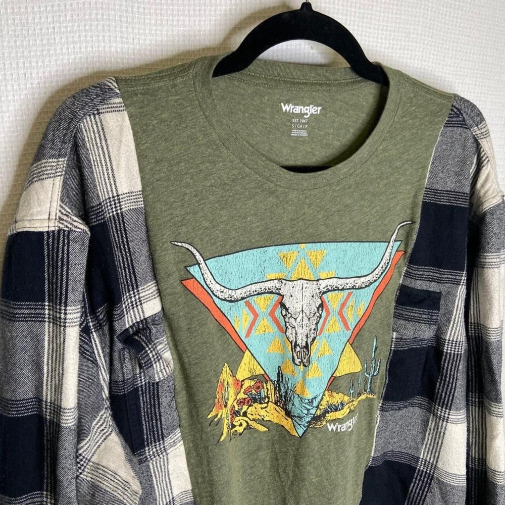 Reworked Flannel Tee Wrangler Western Handmade Bull Skull